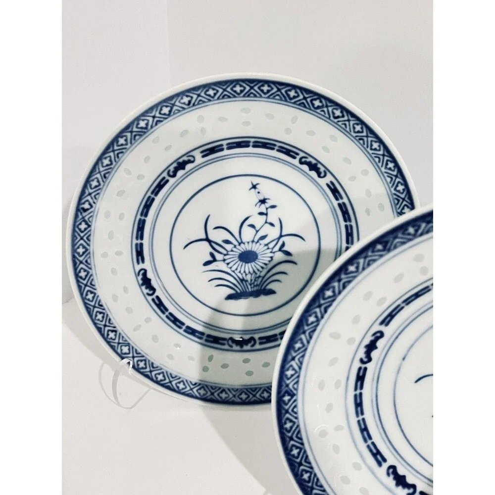 Jingdezhen Rice Eye Grain 6 Inch Desert Plates White & Blue Porcelain  Set of 4